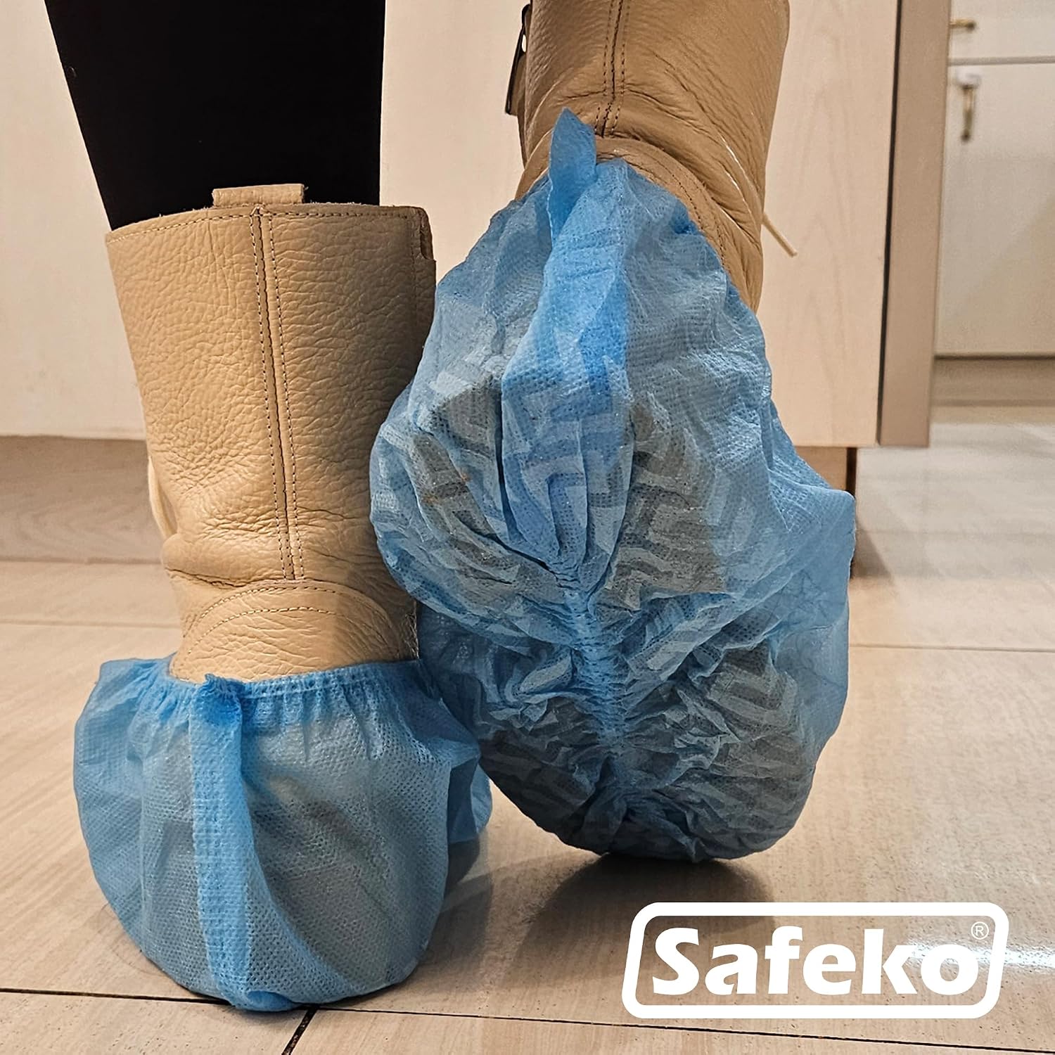 Premium Disposable Boot & Shoe Covers Booties, Durable, Non-Slip, Non-Toxic, Recyclable Protectors, Fits Most Shoes - Blue - Pack of 100 (50 Pairs)