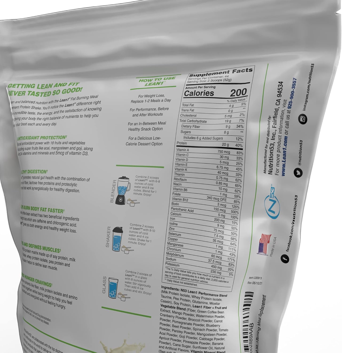 Lean1 Vanilla, Meal Replacement Protein Shake, 44 Servings in a 5lb Bag