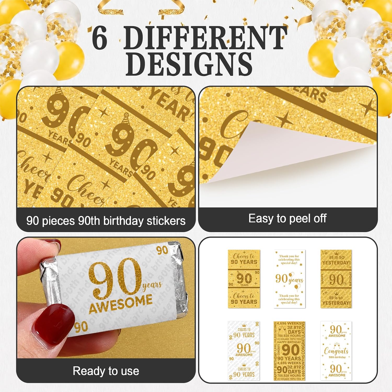 Tenare 90 Pcs 90th Birthday Candy Wrappers, White and Gold Stickers