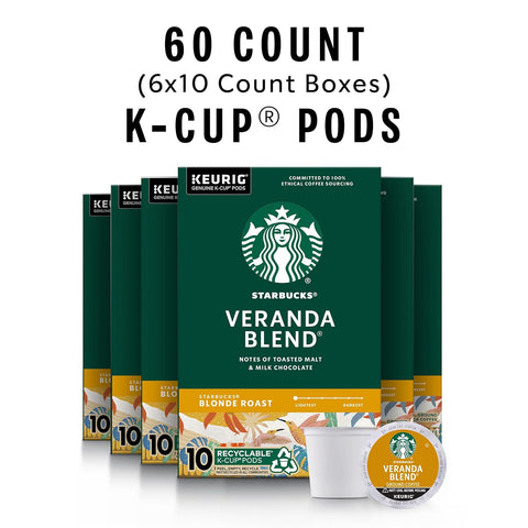 Starbucks K-Cup Coffee Pods, Starbucks Blonde Roast Hot or Iced Coffee, Veranda Blend, 60 Keurig Pods | 100% Arabica K-Cup pods for Keurig brewers; Veranda Blend blonde roast; 6 boxes, 10 pods each (60 total)