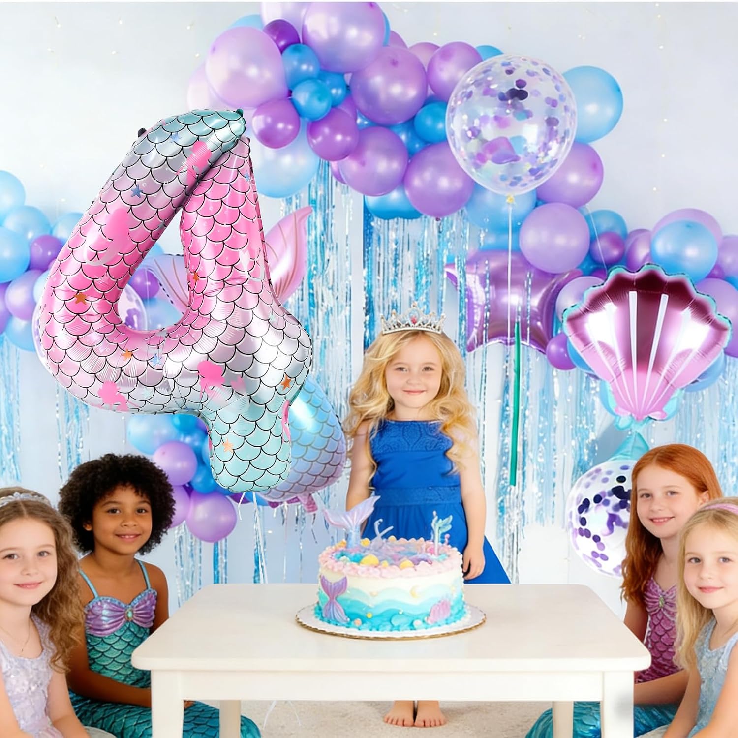 40 Inch Mermaid Number 4 Balloon, Sea Themed Birthday Decorations for Girls