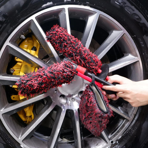 oesee Professional 4 Pack Long Handle Wheel Brush Kit for Cleaning Wheel and Tire- 2X Soft Wheel Cleaning Brush, Detailing Brush and Stiff Tire Brush, Bendable& Durable Wheel Rim Cleaner Brush Set