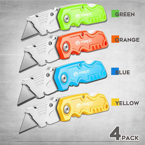 M MEEPO 4-Pack Box Cutter, Colorful Folding Utility Knife w/ 10 pcs Blades