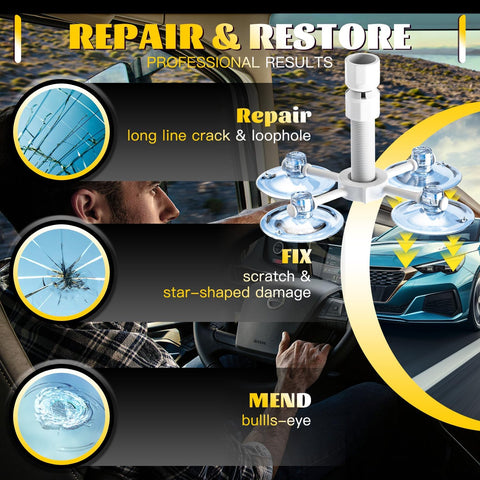 Windshield Crack Repair Kit, Windshield Repair Kit for Chips and Cracks, 4 Pcs Car Glass Repair Kit, Cracks Gone Glass Repair Kit Automotive Quick Fix for Chips, Cracks, Bullseyes (Yellow)