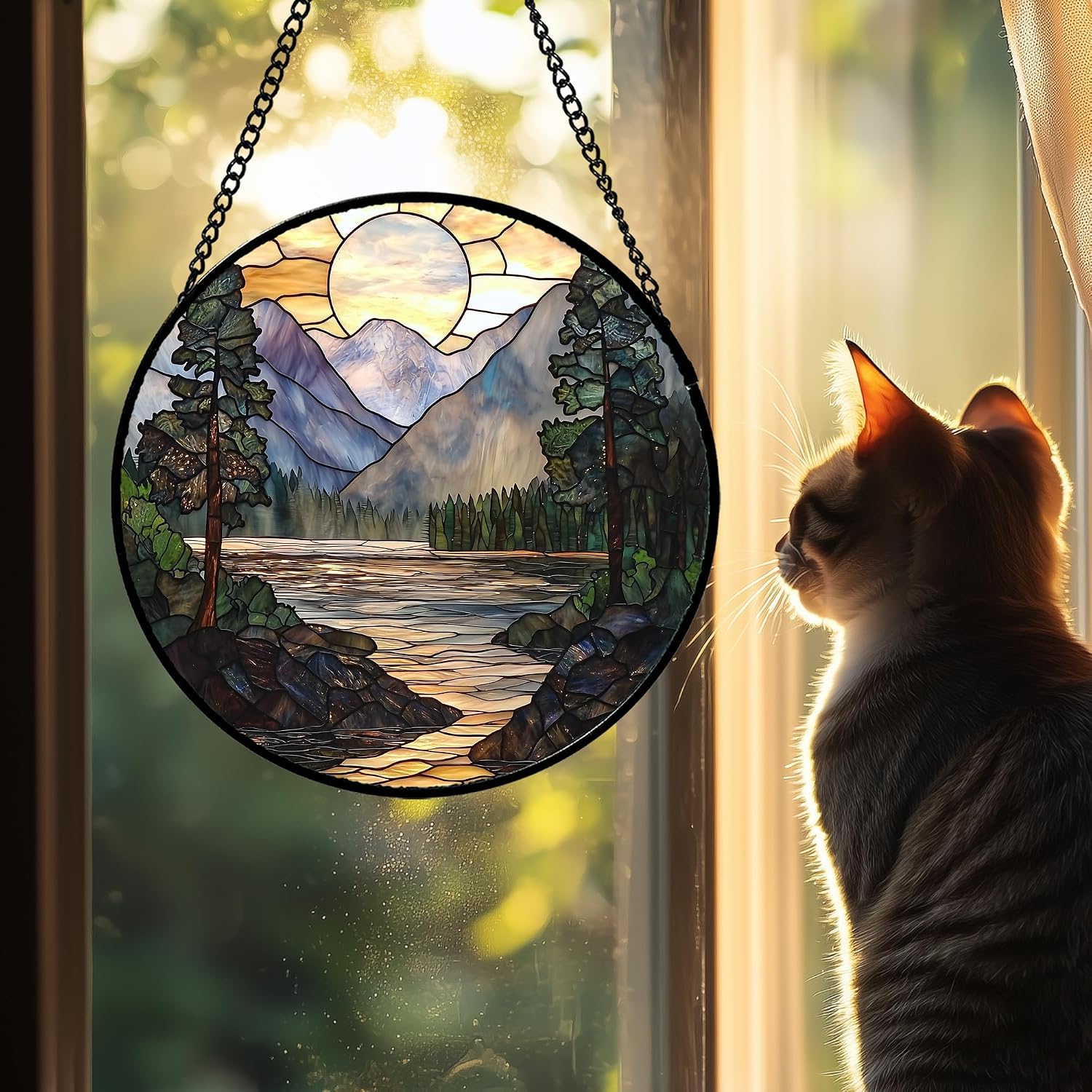 Mountain Lake Stained Glass Window Hanging Suncatcher Gifts for Women 6.3"