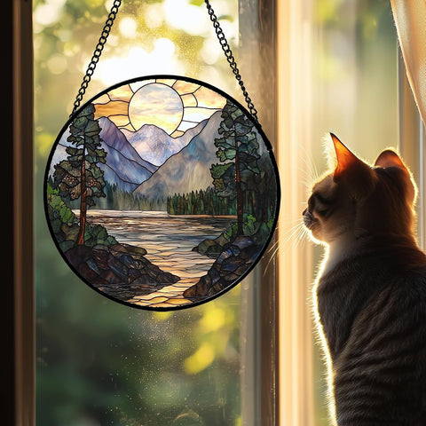 Mountain Lake Stained Glass Window Hanging Suncatcher Gifts for Women 6.3"