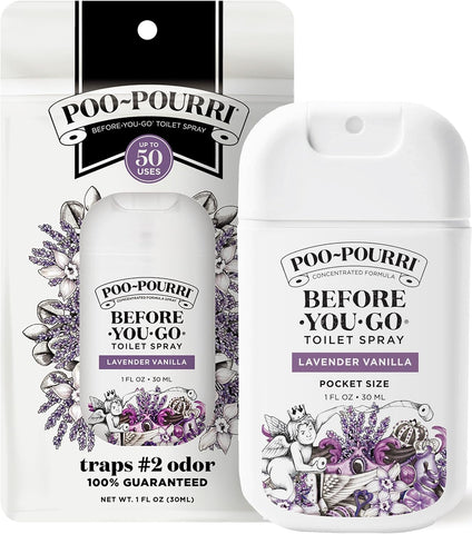 Poo-Pourri Before-You-Go Pocket Toilet Spray, Travel Essentials, Lavender Vanilla, 1 Fl Oz, Up to 50 Uses, On-The-Go Bathroom Odor Deodorizer with Essential Oils, TSA Approved Size