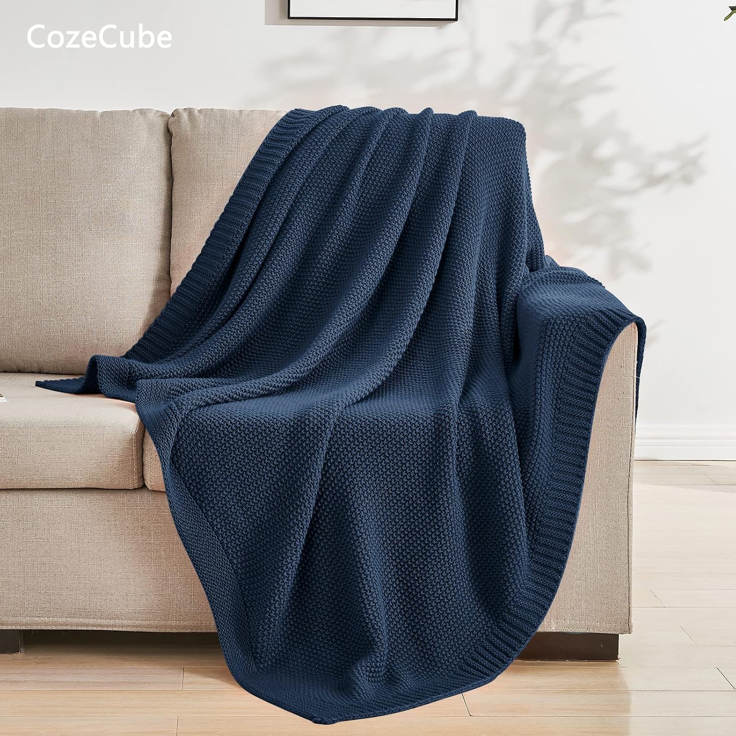 CozeCube Navy Blue Seed Stitch Throw Blanket 50"x60", Farmhouse Decor