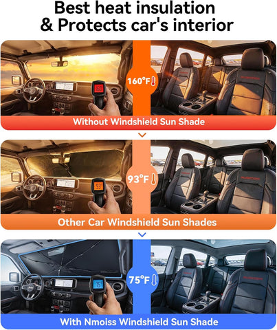 Nmoiss Windshield Sun Shade Umbrella for All Jeep Wrangler & Gladiator - [Vinyl Coating Heat Shield] Protect Car from Sun Rays & Heat Damage Keep Cool and Protect Interior, Spring Structure Edge