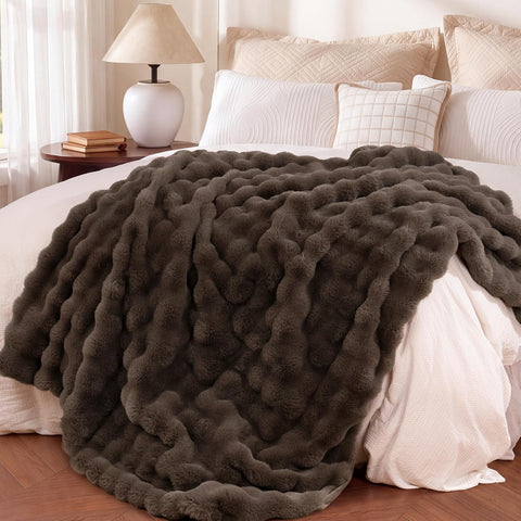 Ultra Soft Cozy Faux Fur Throw Blanket, Fuzzy Plush Thick Bubble Blanket, Oversize Luxury Fluffy Blanket for Couch, Sofa, Bedroom, and Living Room,60x80 Inches, Brown