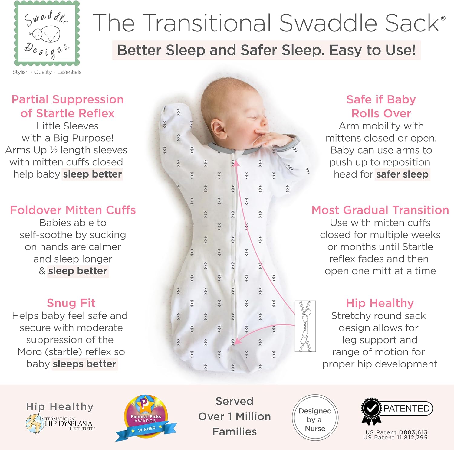 SwaddleDesigns Transitional Swaddle Sack, Cotton, Tiny Arrows, 6-9mo