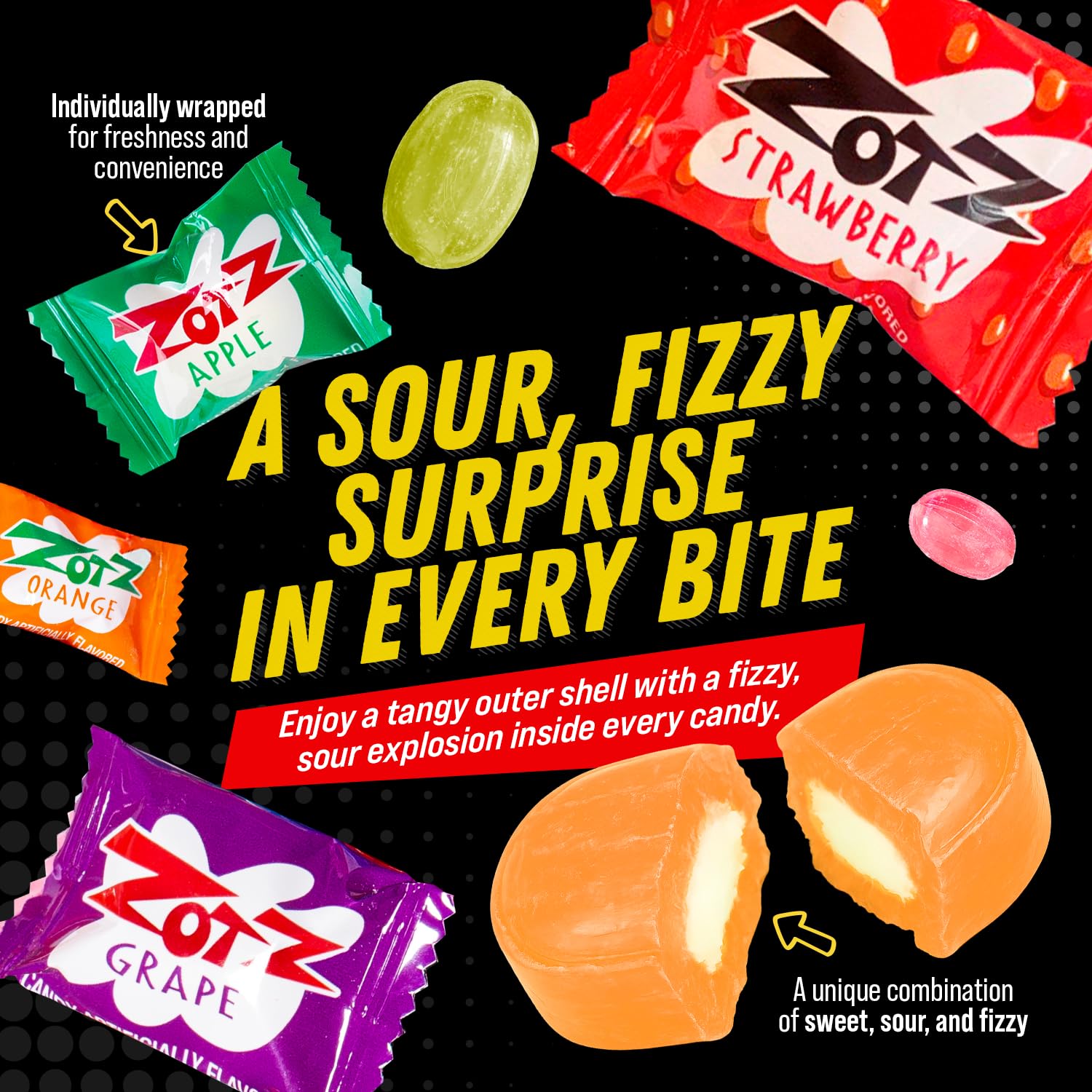ZOTZ Fizzy Sour Candy Bulk - Retro Italian Hard Candy Individually Wrapped - Classic Nostalgic 7 Assorted Flavors Cherry, Watermelon, Strawberry, Blue Raspberry, Apple, Orange & Grape - 425 Pieces Bag for Party Favors, Goodie Bags, Piñata & Candy Buffet.