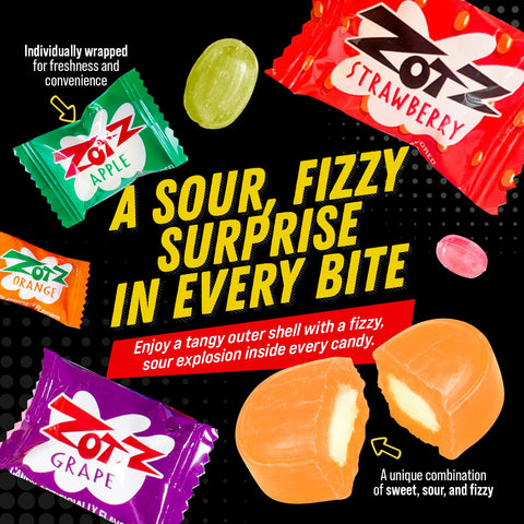 ZOTZ Fizzy Sour Candy Bulk - Retro Italian Hard Candy Individually Wrapped - Classic Nostalgic 7 Assorted Flavors Cherry, Watermelon, Blue Raspberry, Apple, Orange, strawberry & Grape - 100 Pieces Bag for Party Favors, Goodie Bags, Piñata & Candy Buffet