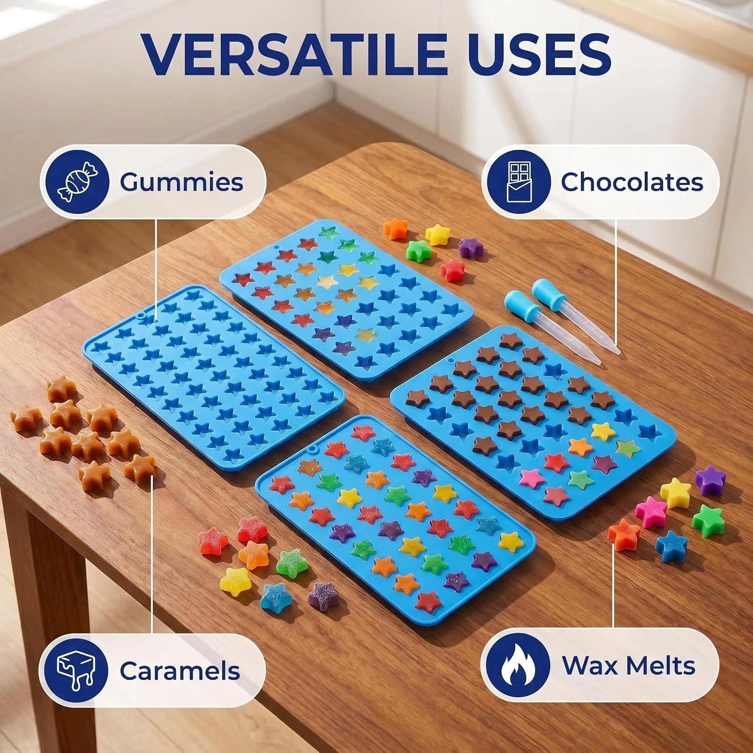 Star Silicone Candy Molds - 240 Cavity Mold Set with Droppers, 2-Pack Circle Molds for Gummies, Chocolate, Hard Candy, Caramels, Ice Cubes, BPA Free Non-Stick Baking Molds