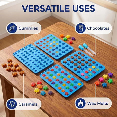 Star Silicone Candy Molds - 240 Cavity Mold Set with Droppers, 2-Pack Circle Molds for Gummies, Chocolate, Hard Candy, Caramels, Ice Cubes, BPA Free Non-Stick Baking Molds