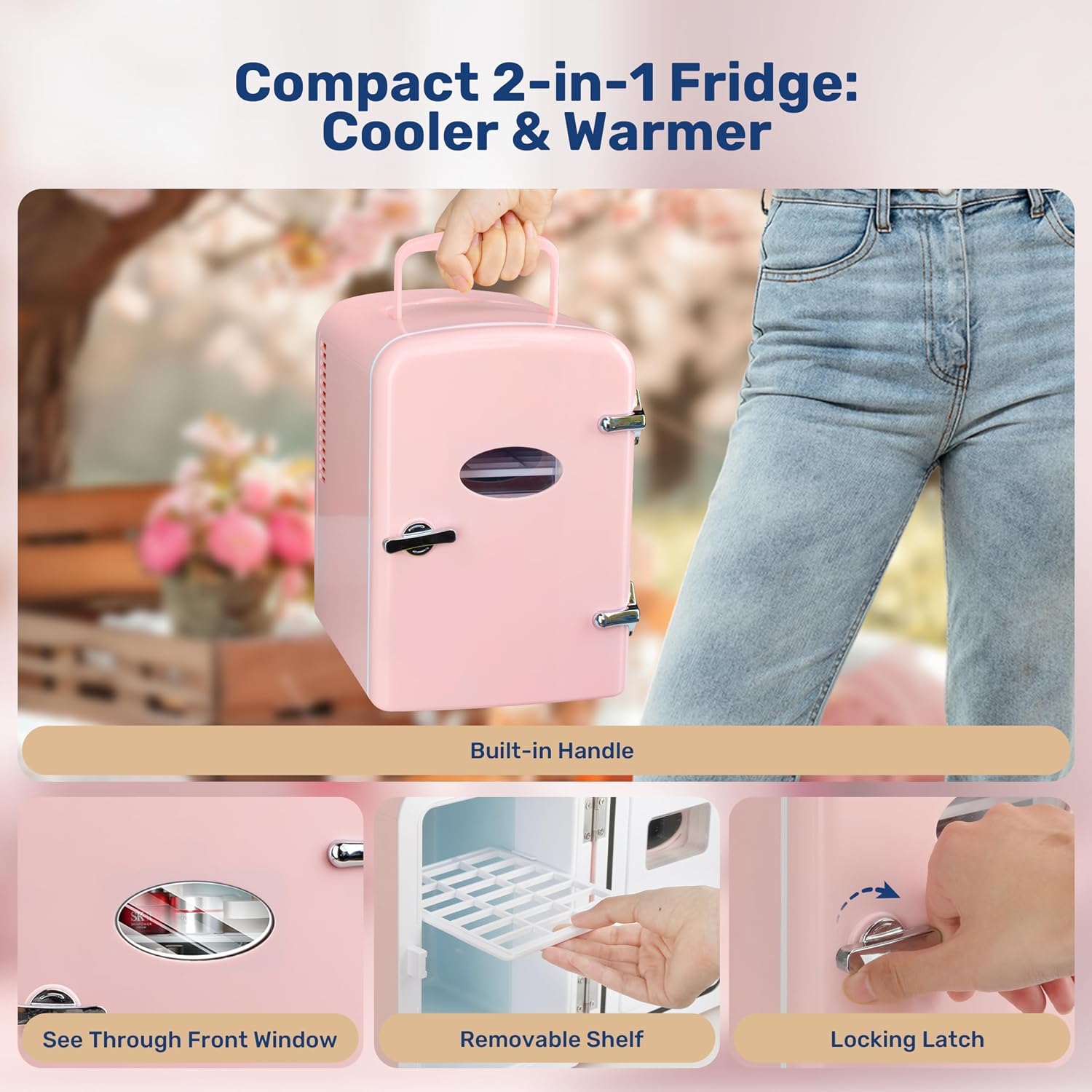 InfiniPower 4L/6 Can Mini Fridge with Observation Window, Portable AC/DC Cooler & Warmer Beverage for Skincare, Drinks, Bedroom, Dorm, Car, Office, Pink