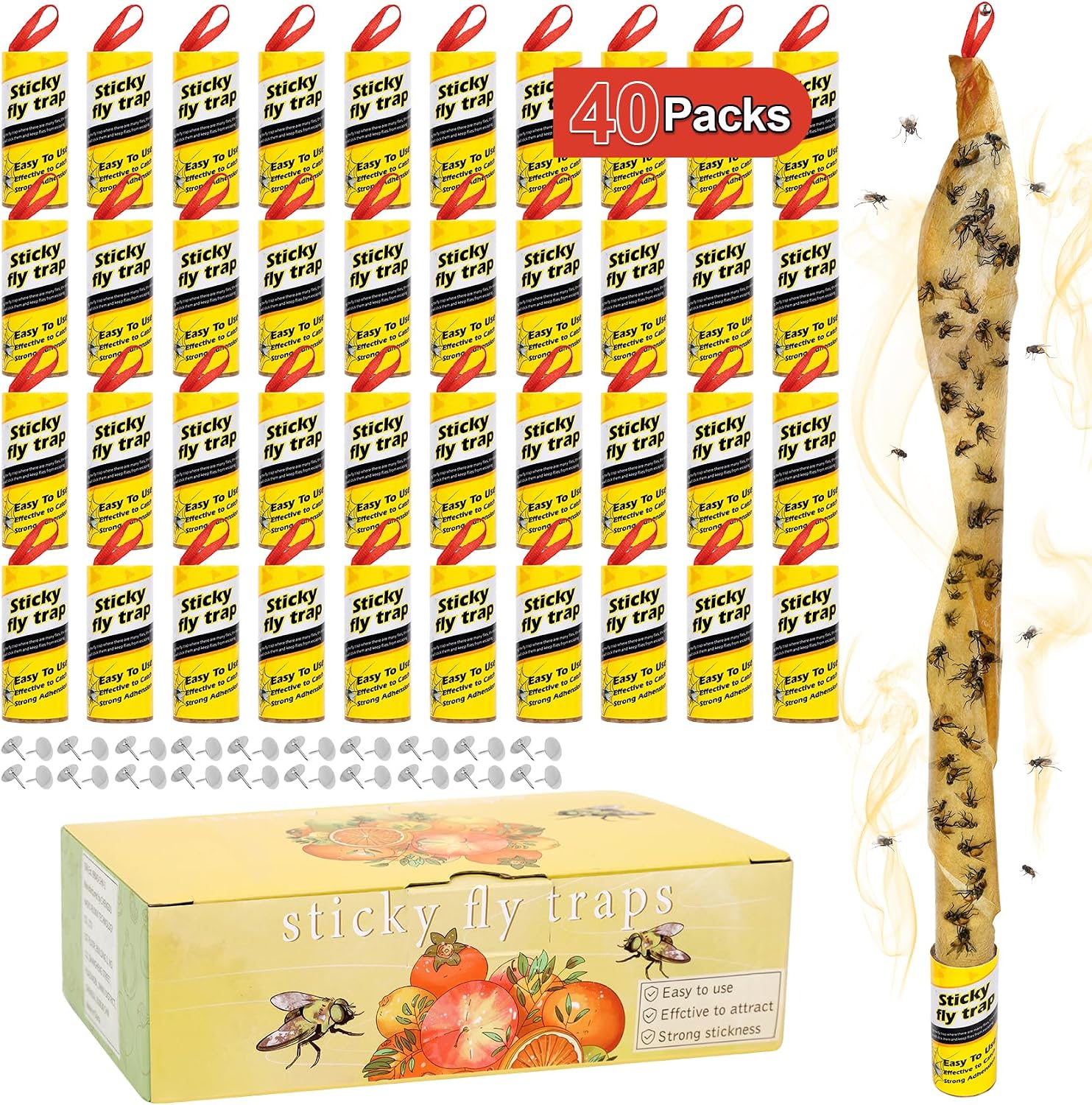 40 Pack Fly Strips Sticky Hanging Fly Trap Outdoor Indoor with Pins