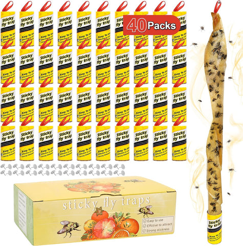 40 Pack Fly Strips Sticky Hanging Fly Trap Outdoor Indoor with Pins