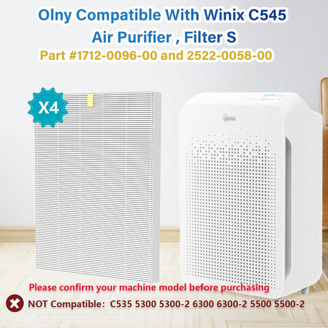 4 Pack C545 Replacement HEPA Filter Compatible with Winix C545, Ture HPEA Filter S Only, Part number 1712-0096-00