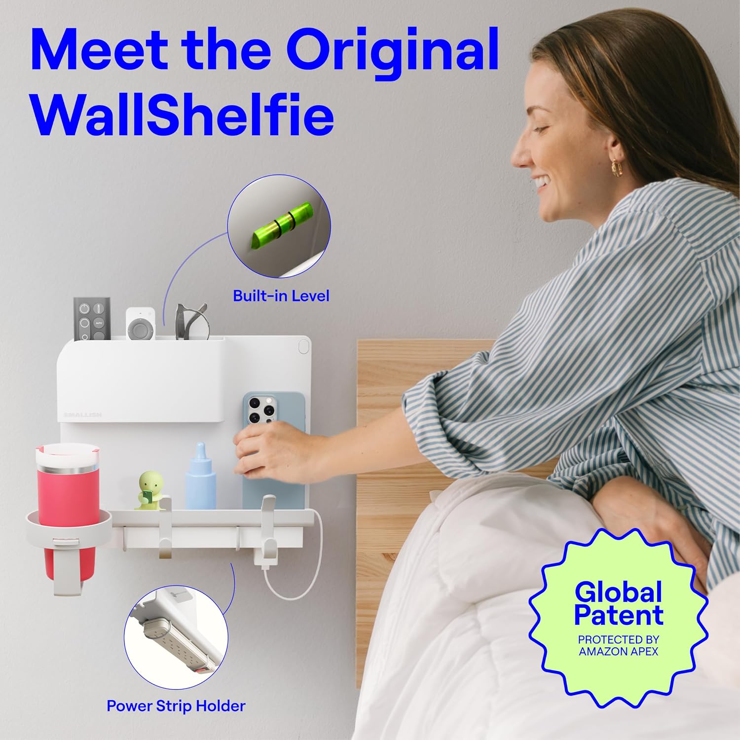 WallShelfie Bedside Wall Organizer & Dorm Decor for Dorm Room - White