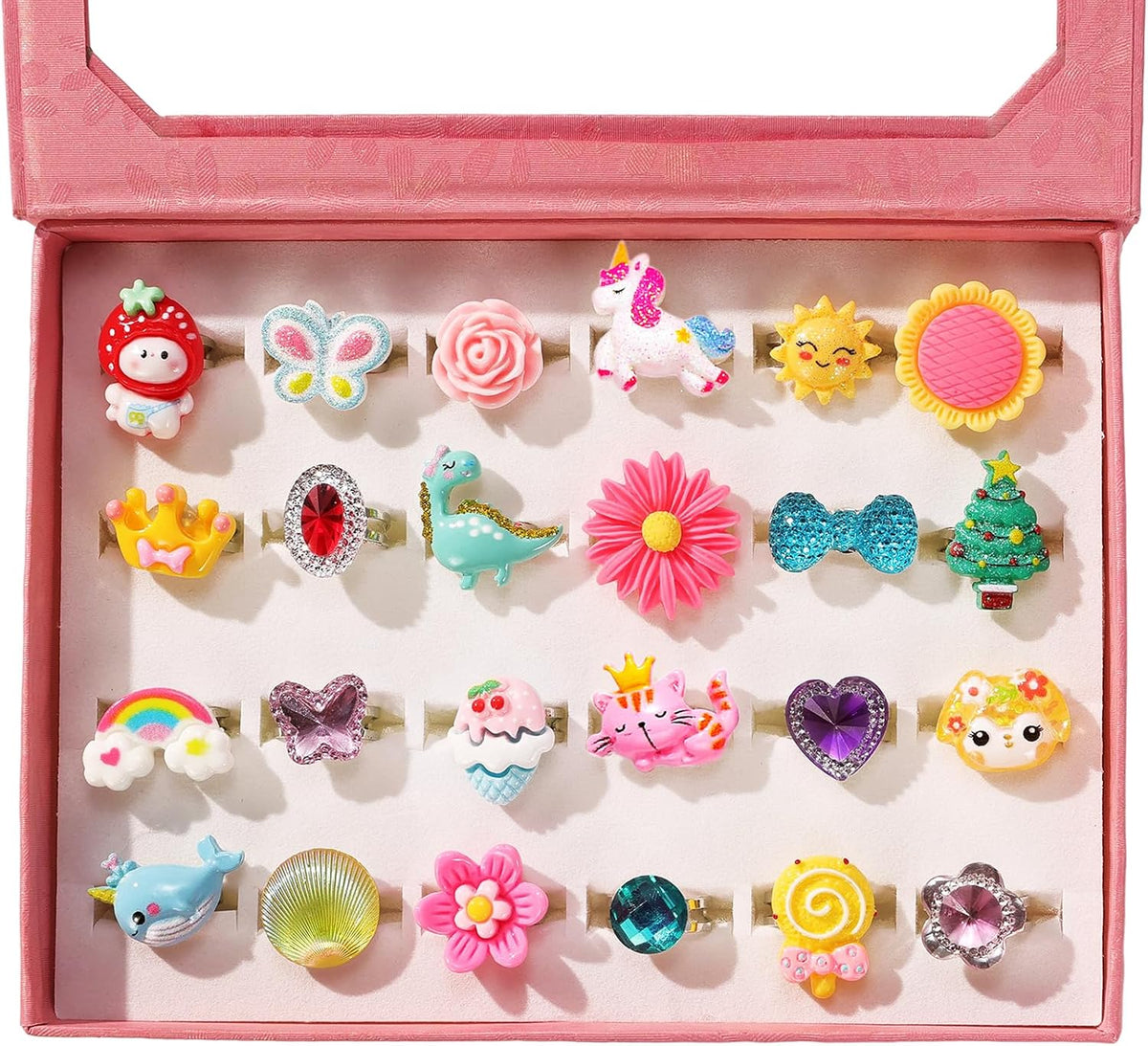 PinkSheep Little Girl Jewel Rings in Box,24 Lovely Girls Rings