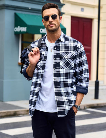 MAGCOMSEN Men's Flannel Shirts Long Sleeve Quilted Lined Button Down Plaid Flannel Jacket Heavyweight Warm Winter Coat