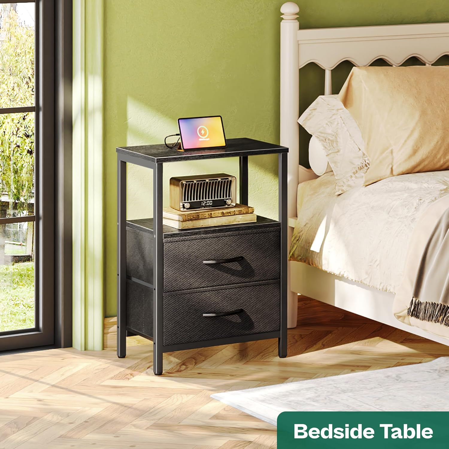 Huuger Nightstand with Charging Station, Side Table with Fabric Drawers
