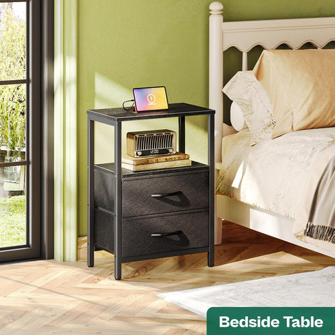 Huuger Nightstand with Charging Station, Side Table with Fabric Drawers