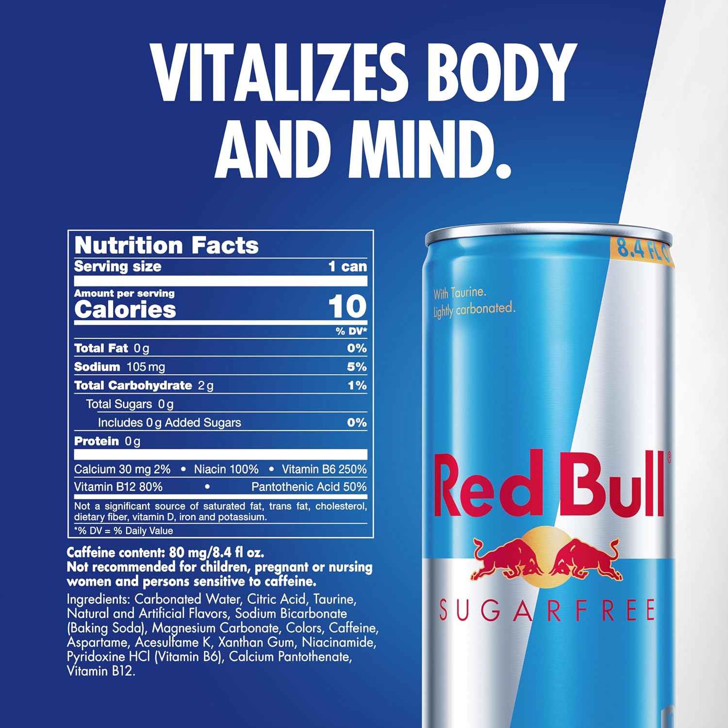 Red Bull Sugarfree Energy Drink | contains caffeine, taurine, B-vitamins, sweeteners, and water, 8.4 fl oz, pack of 24 cans
