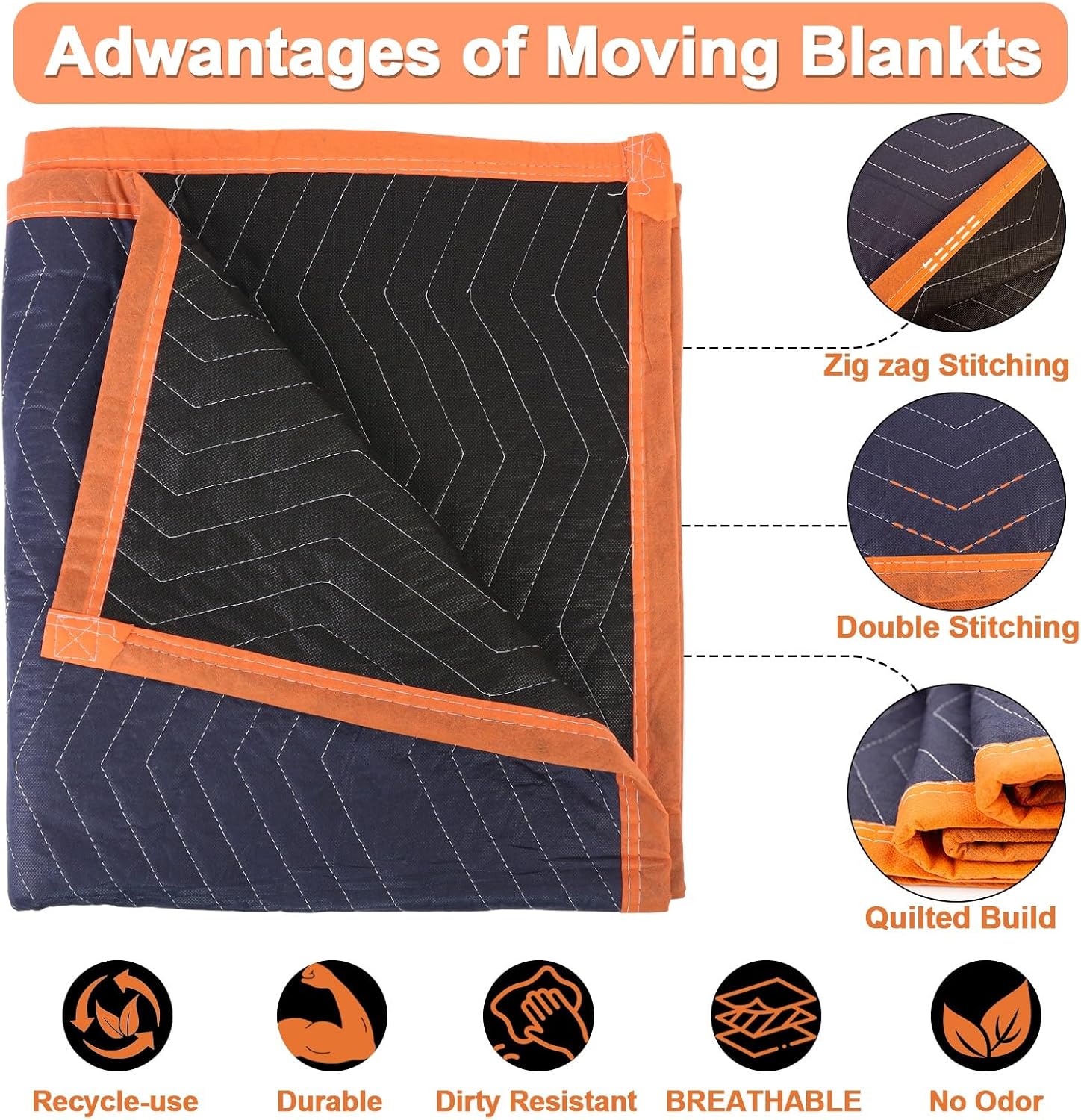 6Pk Heavy-Duty Moving Blankets 72x80in with 3 Large Rubber Band