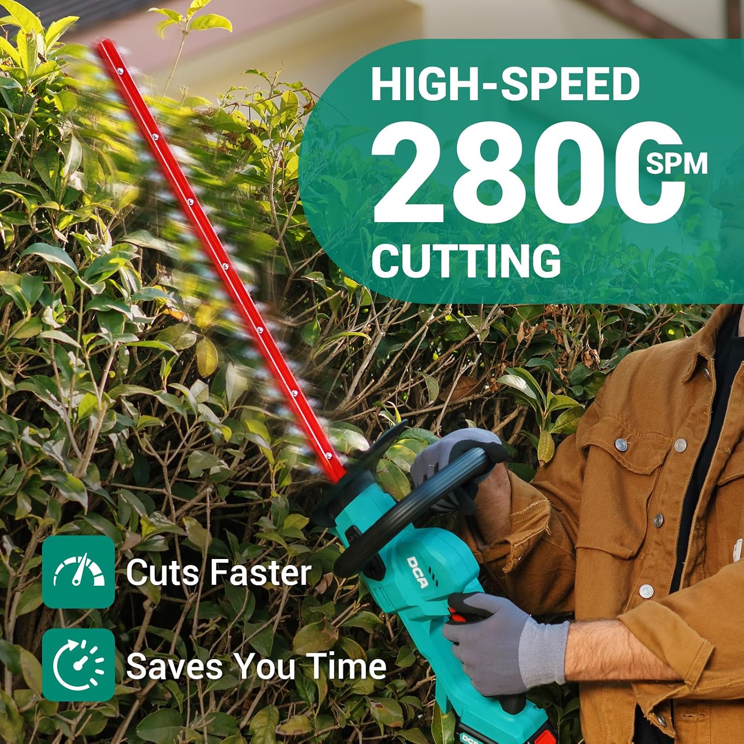 DCA 22 inch Hedge Trimmer Cordless 20V, 2800RPM Electric Bush Trimmer with Dual-Action Blade, 3/4" Cutting Capacity, 5.2 LBS Lightweight Bush Clipper, 180° Rotatable, 2.0Ah Battery & Charger Included