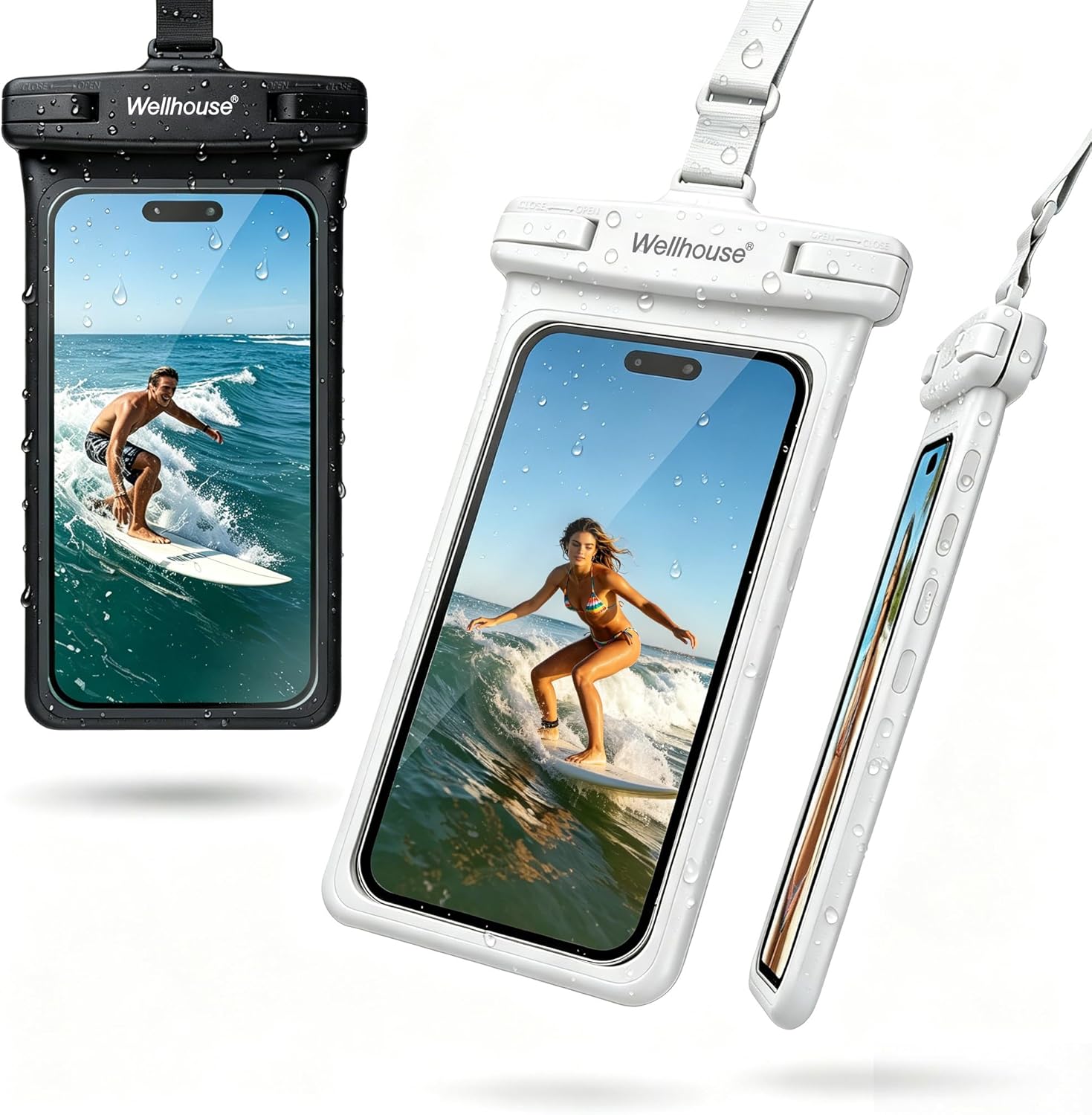 wellhouse Waterproof Phone Pouch, Waterproof Phone Case for iPhone 17 16 15 14 13 Pro Max XS Samsung, IPX8 3D Cellphone Dry Bag Beach Essentials (2 Pack - Black & White7.0, 7 inch)
