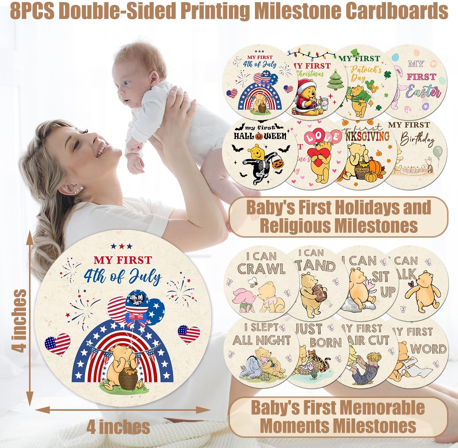the Pooh Baby Monthly Milestone Blanket, Winnie Monthly Blanket Growth Chart, Winnie Quotes Decor with Double-Sided Printed Cardstock（16 Unforgettable Moments of Babies） 30 * 40in