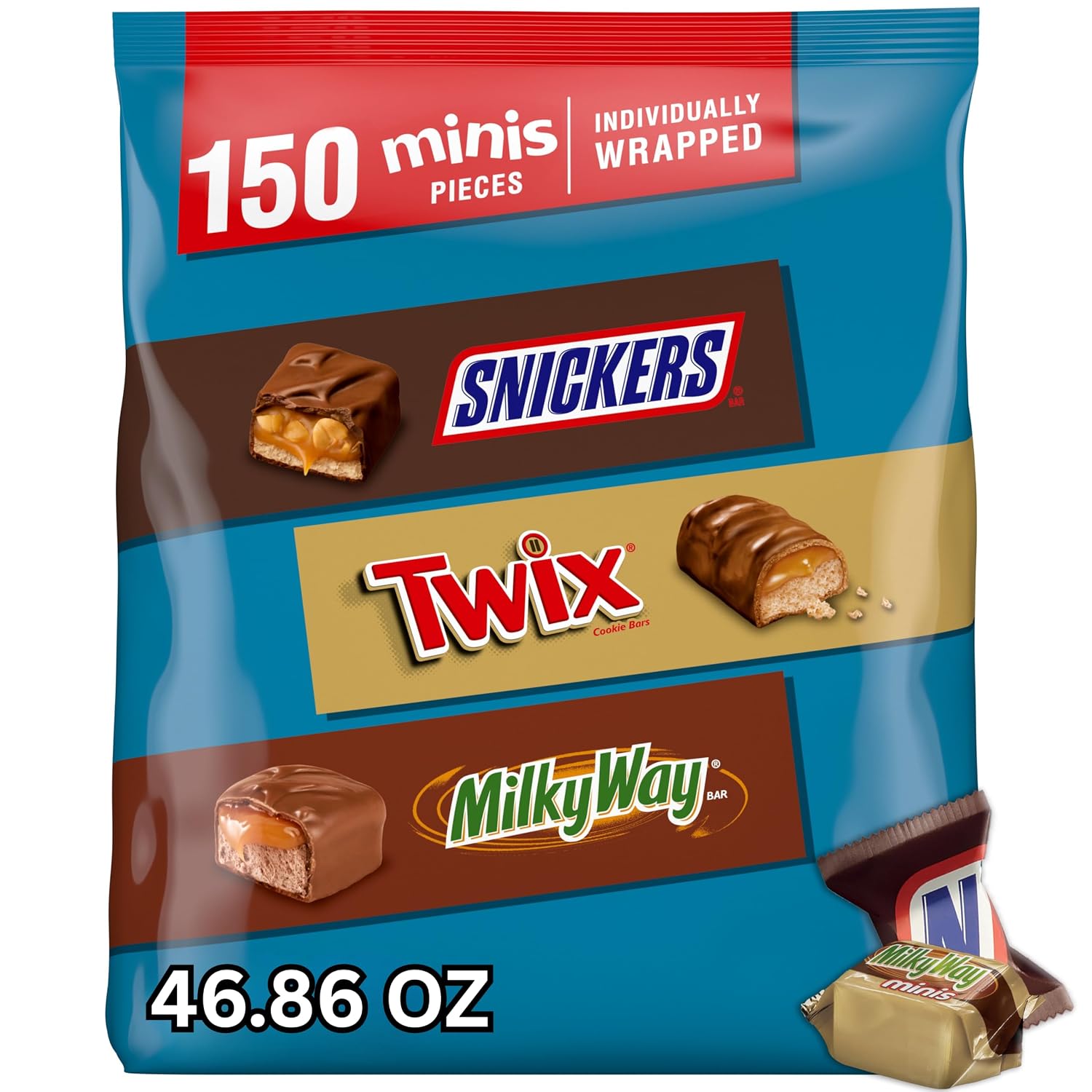 SNICKERS, TWIX, & MILKY WAY Minis Chocolate Candy Bars Variety Pack, 150 Ct Bulk Bag