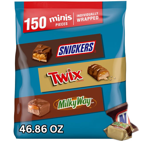 SNICKERS, TWIX, & MILKY WAY Minis Chocolate Candy Bars Variety Pack, 150 Ct Bulk Bag