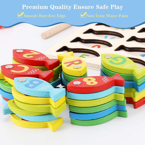 Magnetic Wooden Fishing Game Toy for Preschoolers, Alphabet Fish Catching Counting Games Puzzle with Numbers and Letters, Preschool Learning ABC and Math Educational Toys for 3 4 5 Years Old Kids