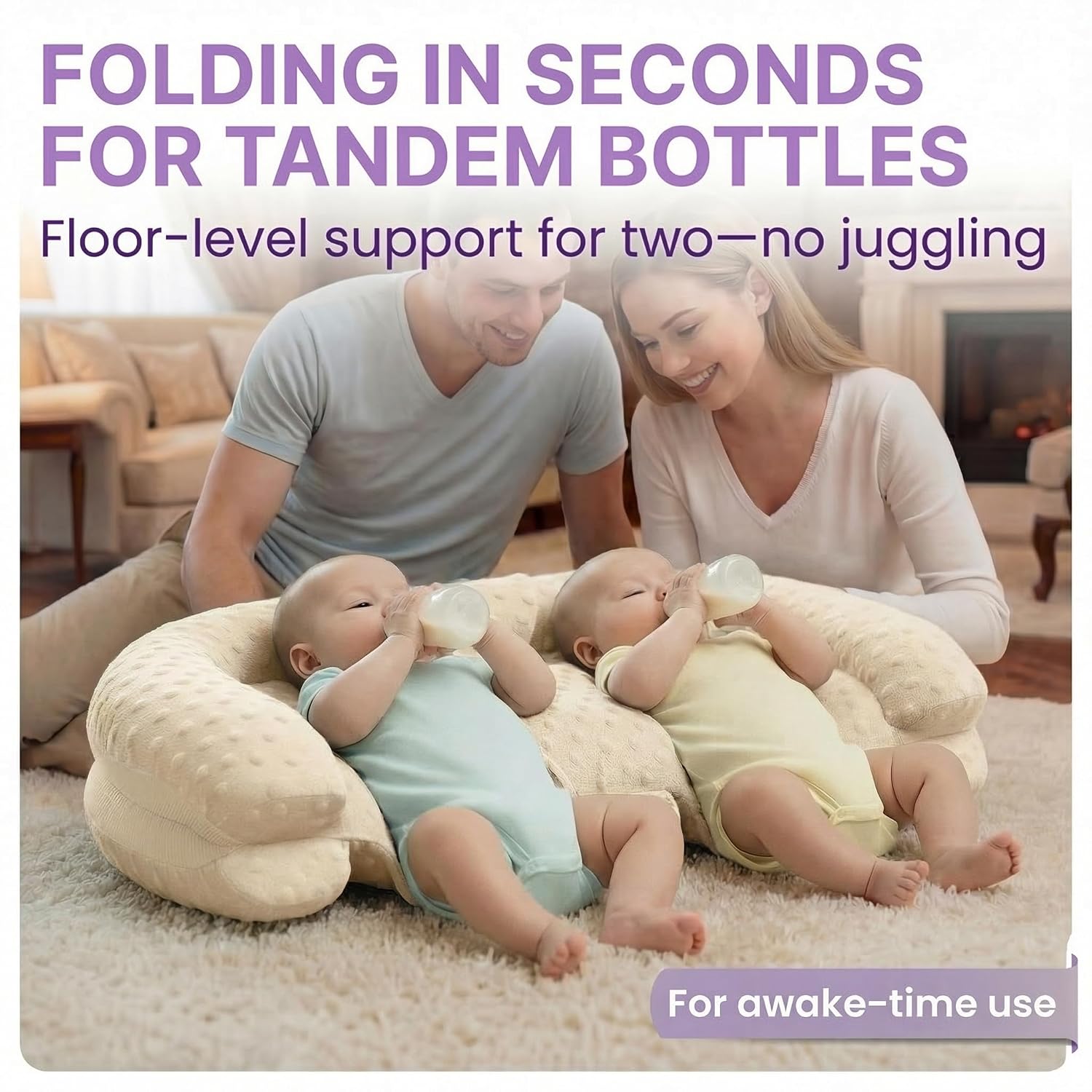 Twins Baby Play Mats for Floor Activity Gym - 5-in-1 Support Cushion Baby Play Mat Tummy Time Mat for Supervised Bonding with Arch, Plush Toys, Flashcards & Development - Beige