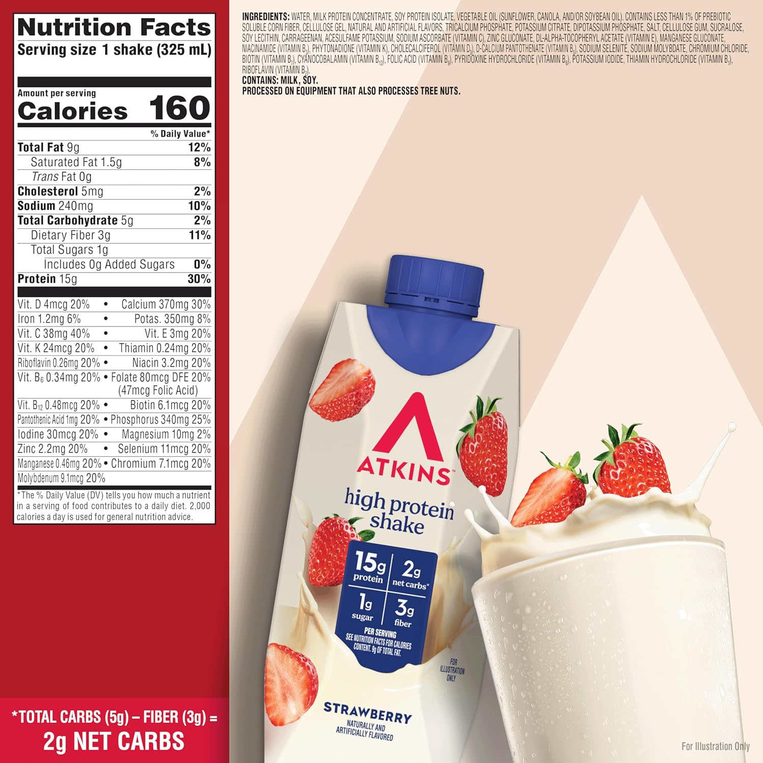 Atkins Strawberry Flavored High Protein Shake, 12 Count