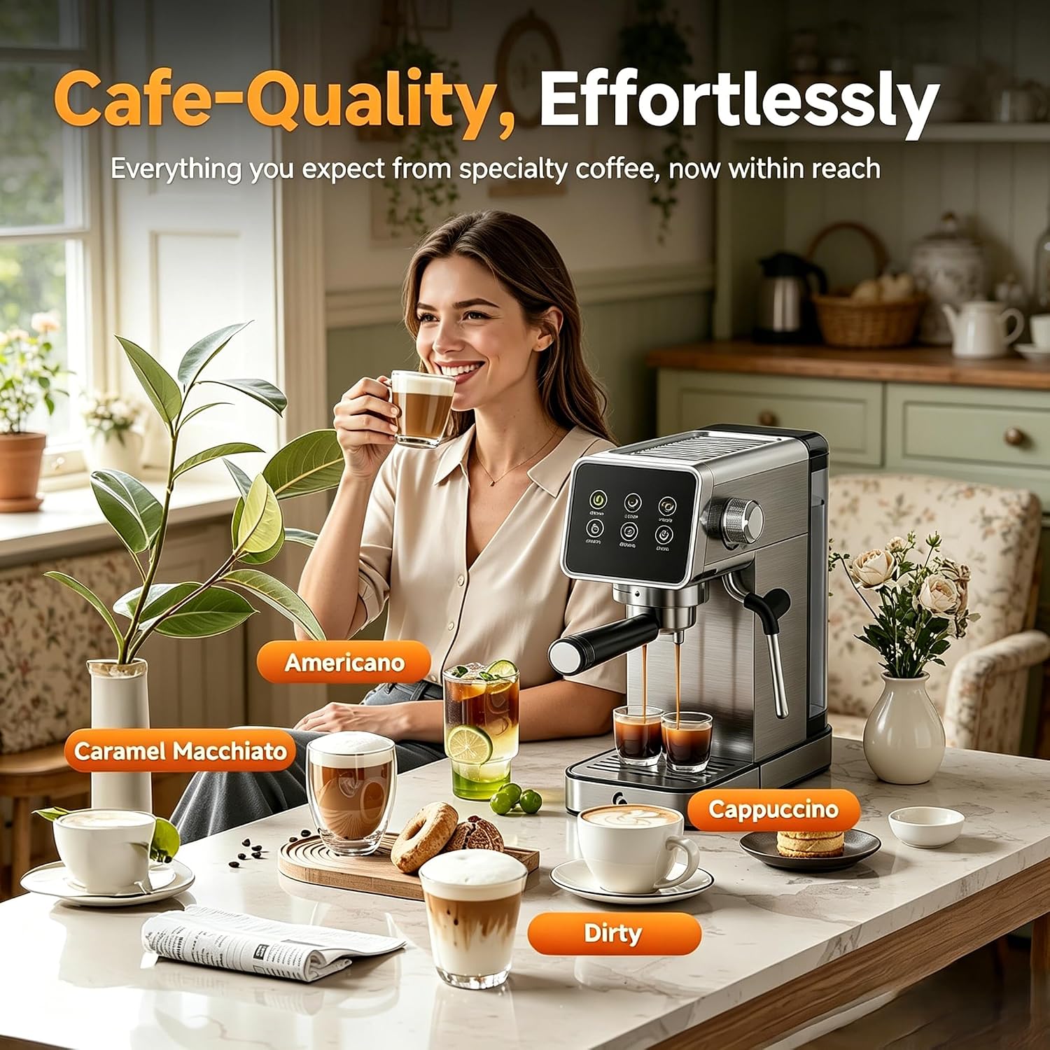AMZCHEF 20 Bar Home Espresso Coffee Machine, Silver Gray