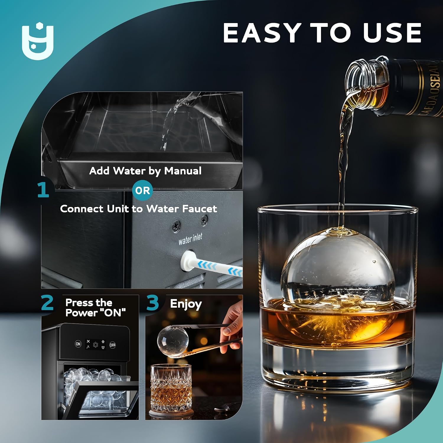 EUHOMY Ice Ball Maker Countertop, 144Pcs/day, 4Pcs Ready in 40Mins, Self-Cleaning, Sphere Ice Maker Machine with Crystal Clear Ice for Whiskey/Brandy/Rum