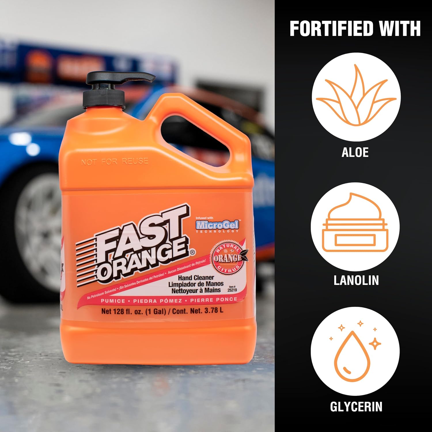 Fast Orange 25219 Pumice Lotion, Heavy Duty Hand Cleaner, Natural Citrus Scent, Waterless Cleaner for Mechanics, Strong Grease Fighter, 1 Gallon