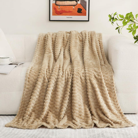 Puncuntex Beige Throw Blanket 50"×60" inches Fuzzy 3D Jacquard Decorative