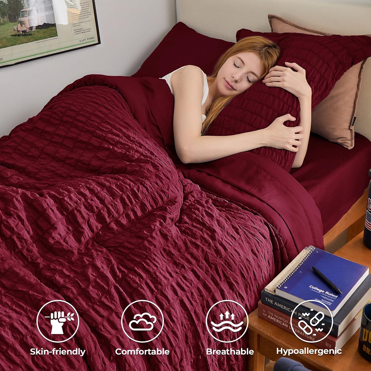 HYMOKEGE Burgundy Twin XL Comforter Set Seersucker 5 Pieces, All Season Luxury Bed in a Bag for Bedroom, Bedding Set with Comforter, Sheets, Pillowcase & Sham