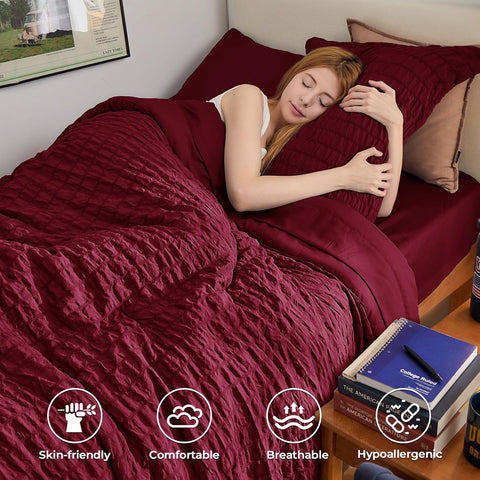 HYMOKEGE Burgundy Twin XL Comforter Set Seersucker 5 Pieces, All Season Luxury Bed in a Bag for Bedroom, Bedding Set with Comforter, Sheets, Pillowcase & Sham