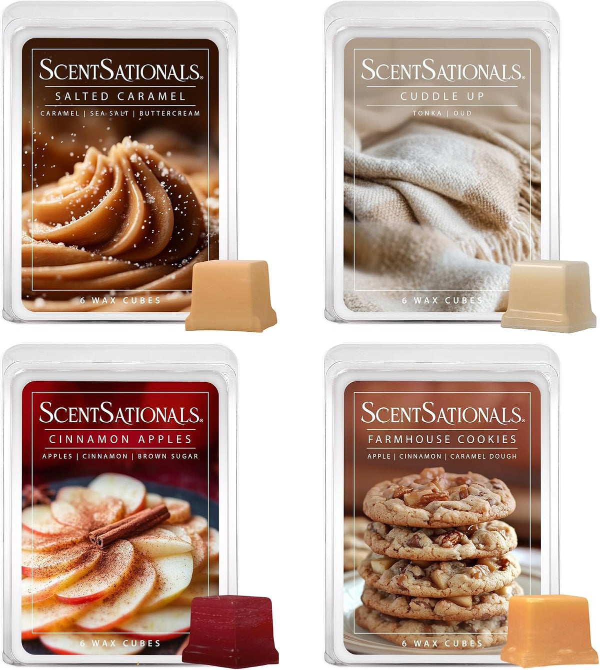 ScentSationals Fall Wax Melts Home Sweet Home 4pk – Long Lasting, Strong Scent Melts for Warmers, Includes Cuddle Up, Cinnamon Apples, Salted Caramel Butter Cream & Farmhouse Cookies, 10oz (24 Cubes)