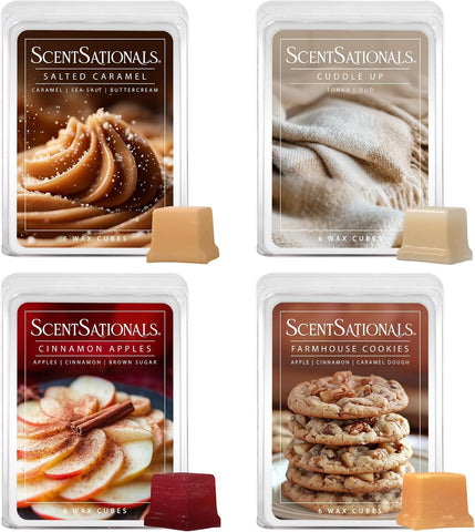ScentSationals Fall Wax Melts Home Sweet Home 4pk – Long Lasting, Strong Scent Melts for Warmers, Includes Cuddle Up, Cinnamon Apples, Salted Caramel Butter Cream & Farmhouse Cookies, 10oz (24 Cubes)