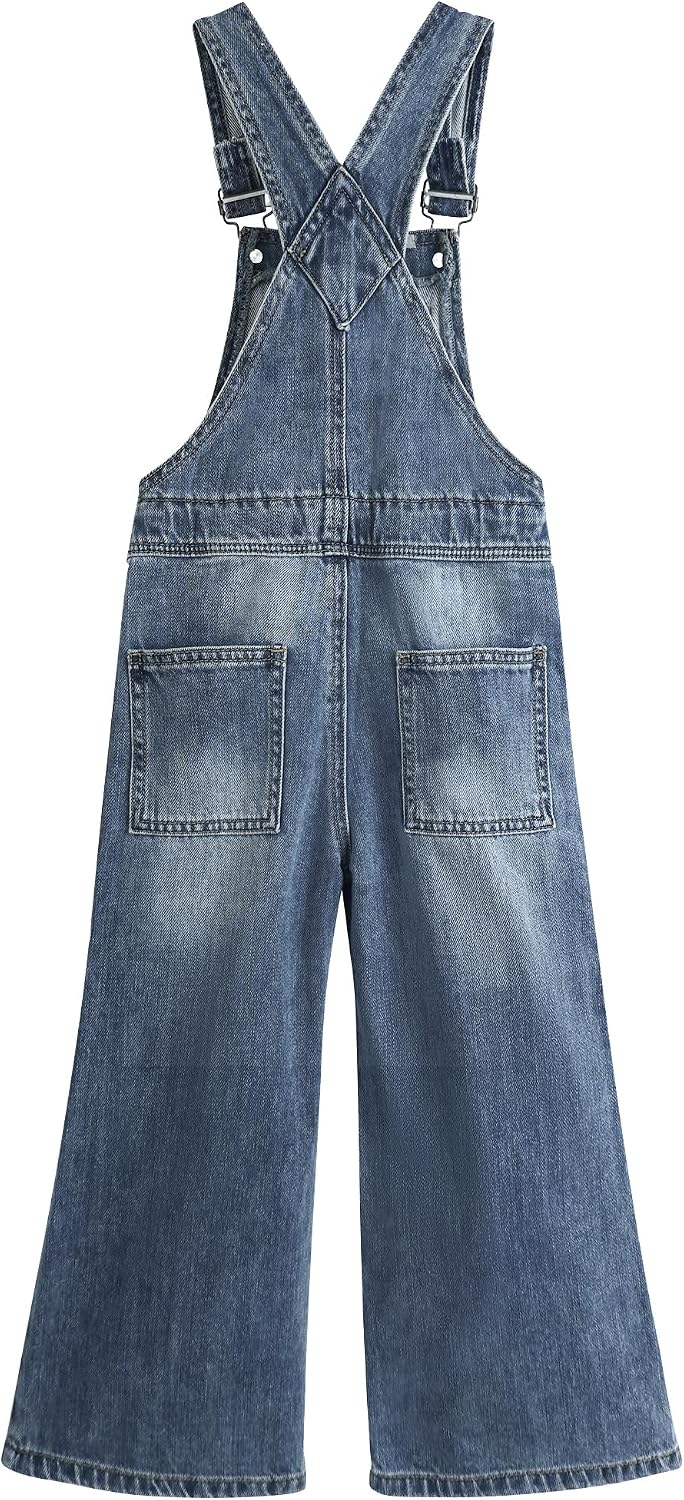 KIDSCOOL Girls Denim Overalls, Little Big Wide-Leg Jean Dungarees Pants