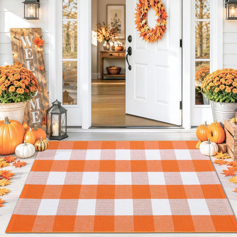 Smiry Orange and White Buffalo Plaid Rug, Front Doormat and Porch Decor