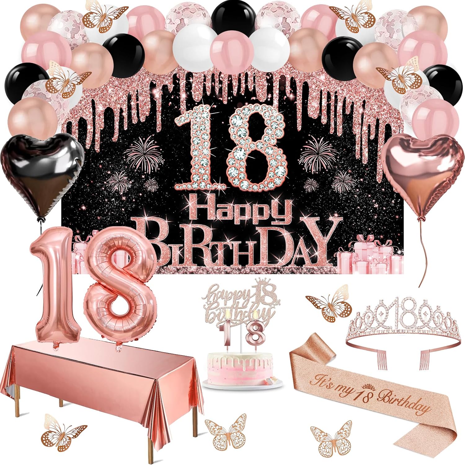 Juesly 18th Birthday Decorations for Girls Rose Gold Black 49pcs