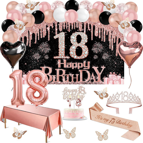 Juesly 18th Birthday Decorations for Girls Rose Gold Black 49pcs